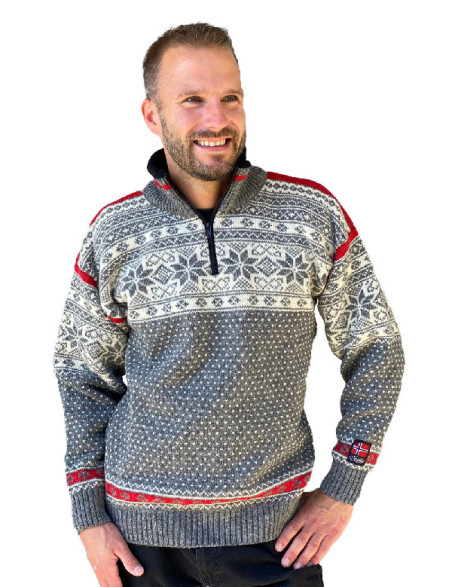 Nordlys snøkrystalls unisex genser i grå/rød