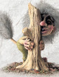 Vecchio femmina troll dietro l'albero