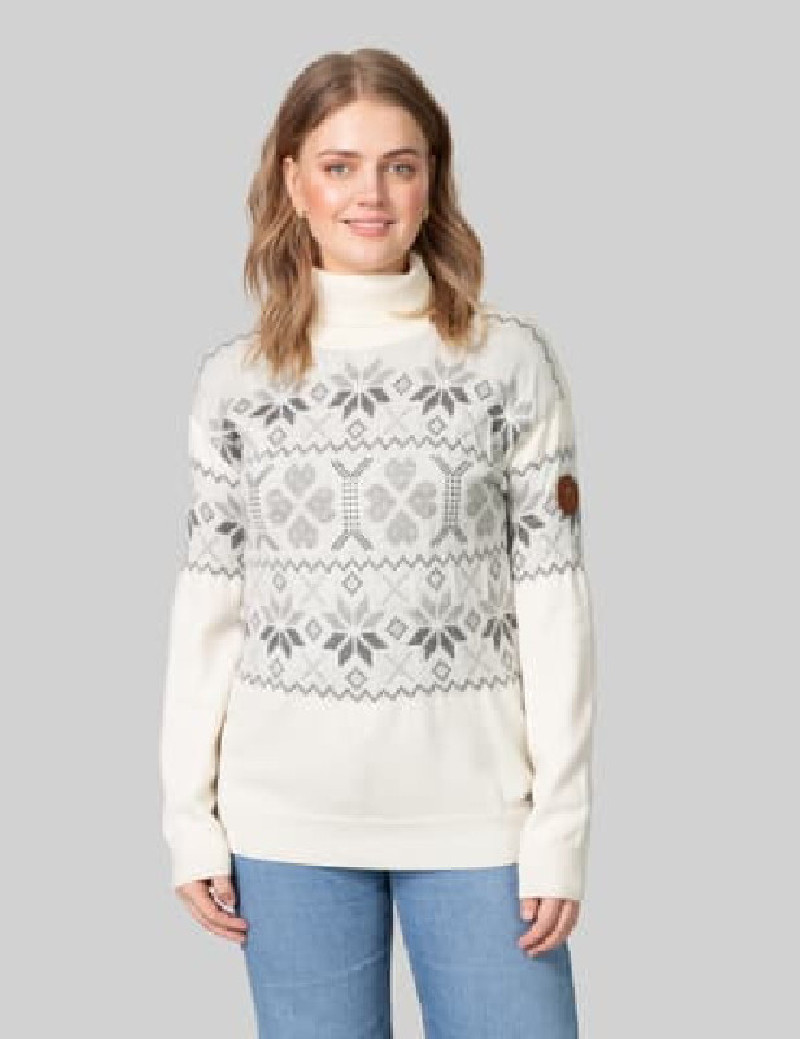 Traditionell Merino Wolle Damen Rollkragen Pullover Weiß/Grau